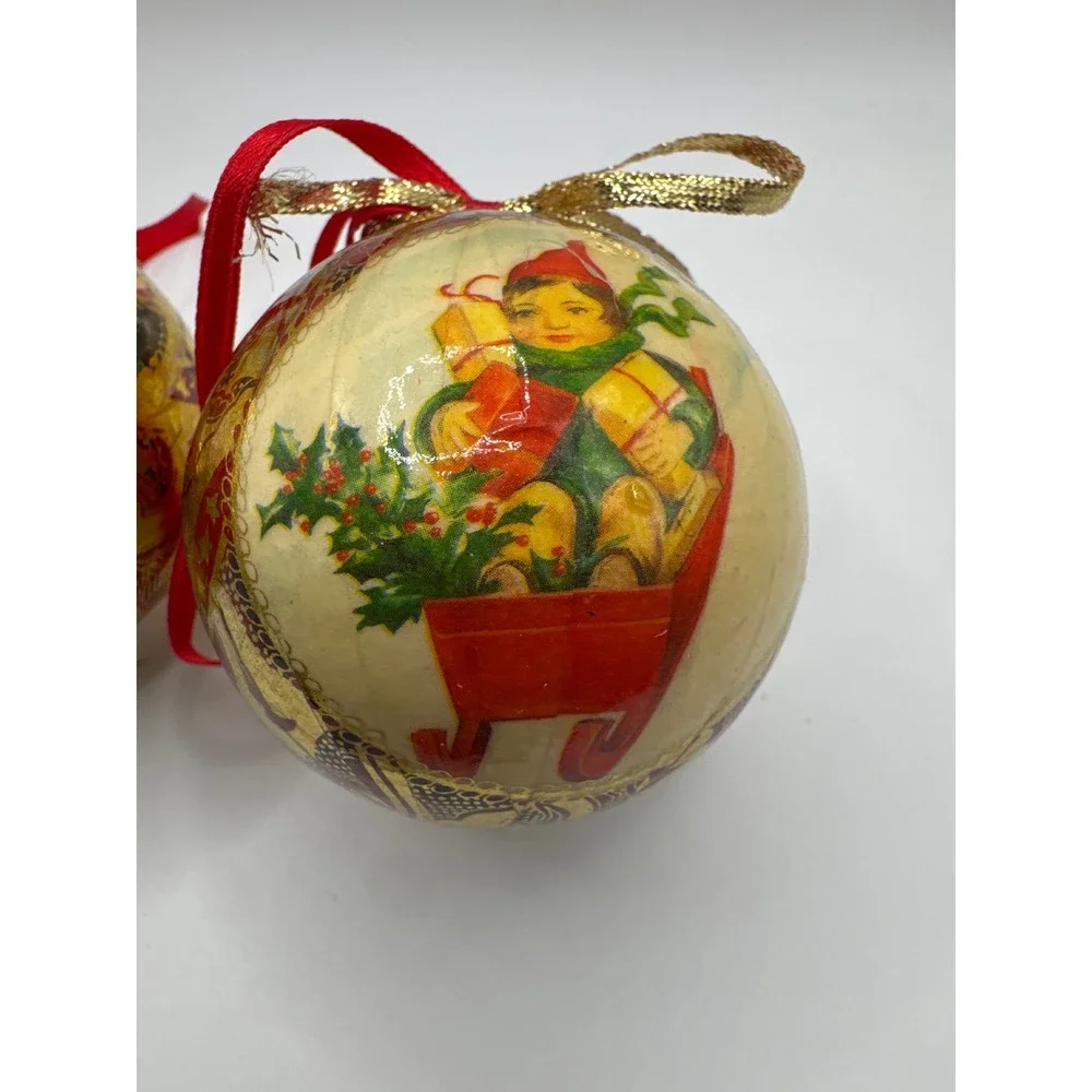 Vintage Style Decoupage Christmas Ornaments Santa and Elf Gold Foil Set of 2